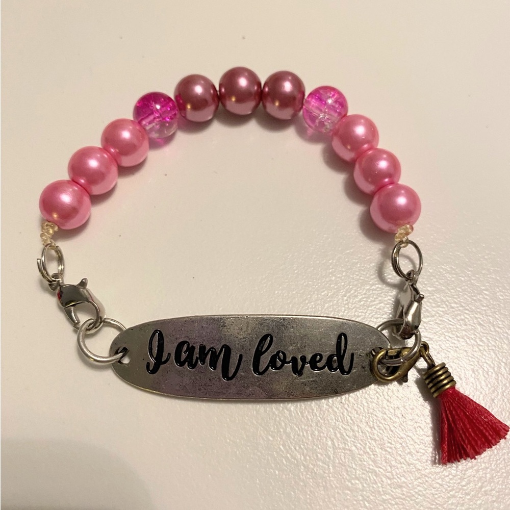 Pink Beaded Bracelet with Silver 'I am loved' Charm